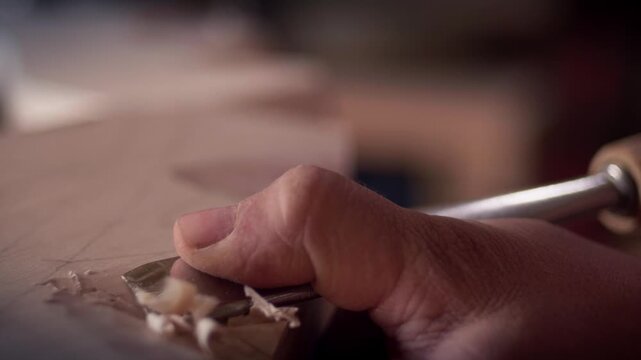Woodworking artisan using a metal chisel to shape a piece of timber with precision. Close-up shot, slow motion.