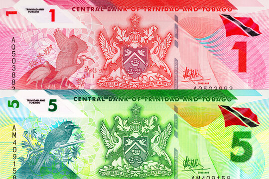 1 dollar and 5 dollar bills Trinidad and Tobago. polymer money Trinidad and Tobago. Caribbean economy.