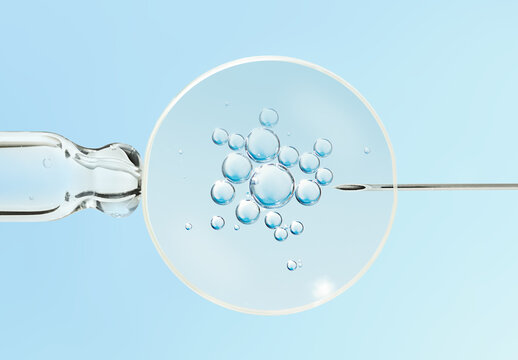 An embryonic cell, a pipette, and a needle on a light blue background. Concept of fertilization, artificial insemination, or infertility treatment.