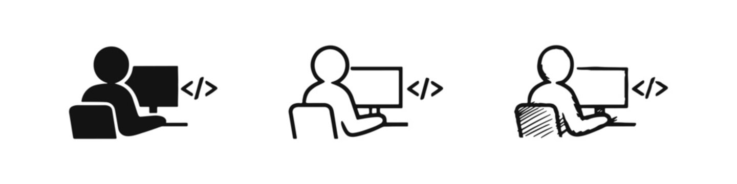 Programmer Icon Set - Developer Working on Computer with Code Tags