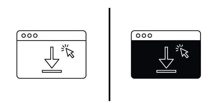 Browser Download Icon Window with Cursor Vector Line Art and Silhouette.