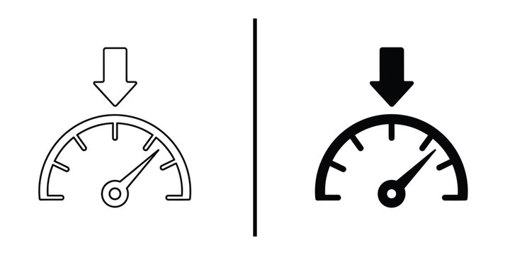 Speed Reduction Icon Gauge with Down Arrow Vector Line Art and Silhouette.