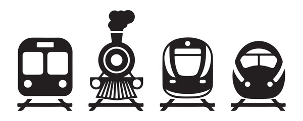 Train line vector set, railway transportation icons, metro and subway signs with rail tracks, isolated black symbols. © Abu