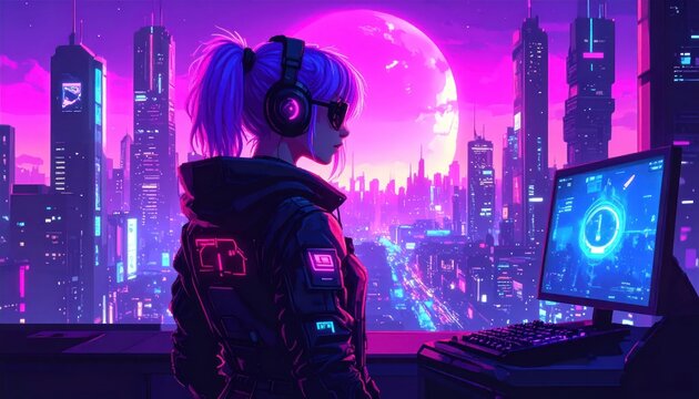 A cyberpunk scene of a girl with headphones looking at a cityscape at night
