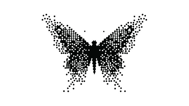 A black butterfly illustration made of small dots on a white background