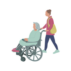 Caregiver assisting a senior woman in a wheelchair, pushing her forward. Concept of care, support, accessibility, and assistance for elderly people isolated on white background.
