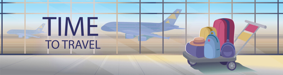 Airport luggage cart loaded with suitcases and backpacks standing in a spacious terminal with panoramic windows and airplanes outside. 