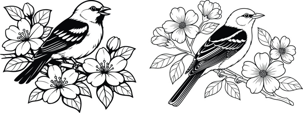 Vintage botanical illustration of birds and blossoms in black and white