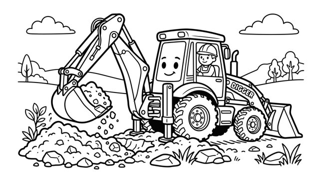 Smiling cartoon backhoe loader machine.