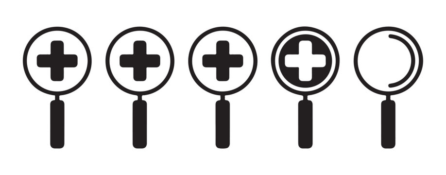 Set of five magnifying glass icons with plus signs and one empty magnifying glass.