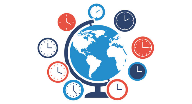 Globe with many clocks around.