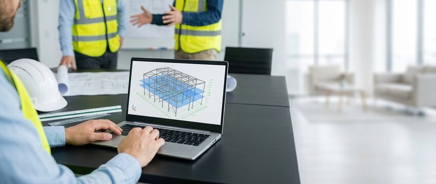BIM construction engineering architect building design laptop structural engineer using CAD software and digital models in a modern office with professional team collaboration.