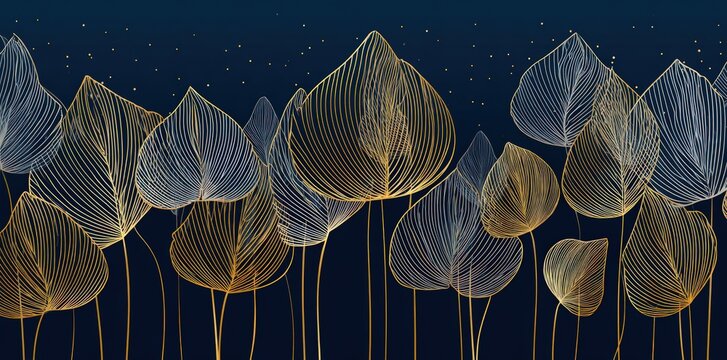 Elegant golden and silver floral line art on dark blue