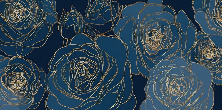 Elegant blue roses with gold outlines on dark background