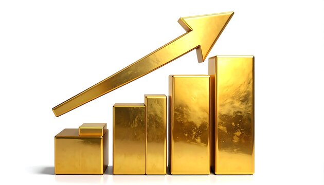 A golden bar graph showing a financial uptrend with a long arrow, isolated on a white backdrop, demonstrating progress