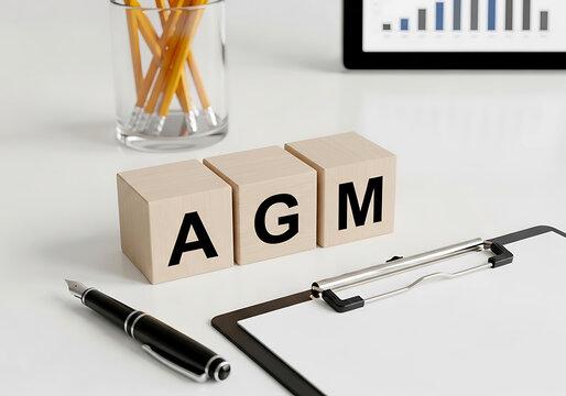 Three white wooden cubes with the letters agm printed on them displayed on a professional office desk with stationery items