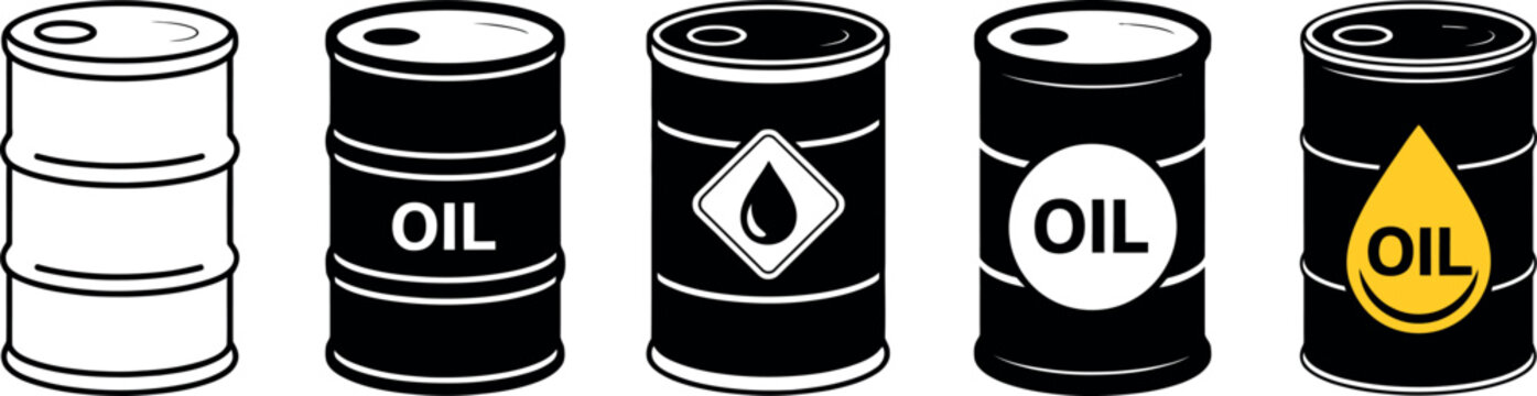 Oil barrel icon collection featuring industrial fuel drums, energy storage elements, and gasoline resource symbols in vector illustration