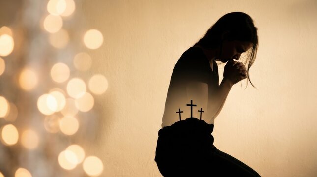 Silhouette of woman kneeling in prayer with overlaid image of three crosses on hill. Spiritual christian worship and hope concept. religious faith, meditation and belief background.