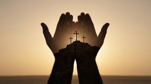 Double exposure of man reaching hands with silhouette of three crosses on hill. Christian prayer and worship. Concept of resurrection or faith. Easter background with sunrise light.
