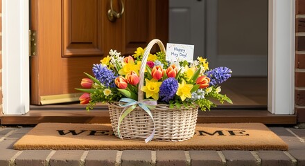 A traditional May Day basket of flowers being left anonymously on a neighbor's doorstep.