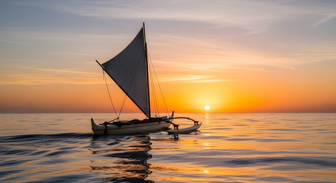 A traditional outrigger canoe sailing on the ocean at sunrise.