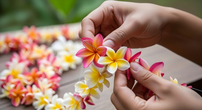 Hands stringing vibrant plumeria blossoms onto thread to make a lei.