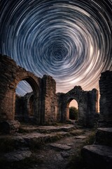 Obraz premium Ancient ruins under swirling stars.