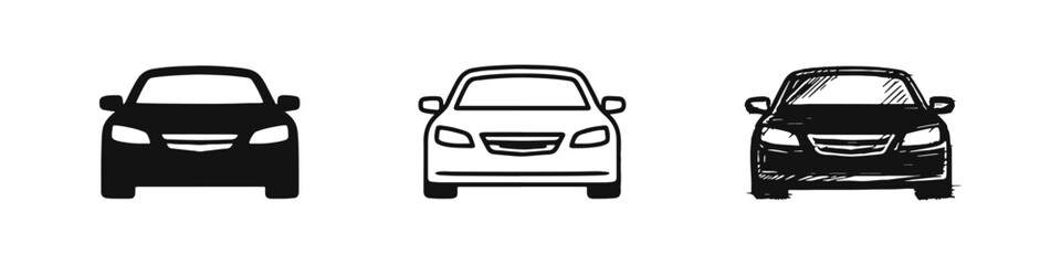 Obraz premium Automotive Front View Icons - Modern and Hand-Drawn Car Symbols in Black and White