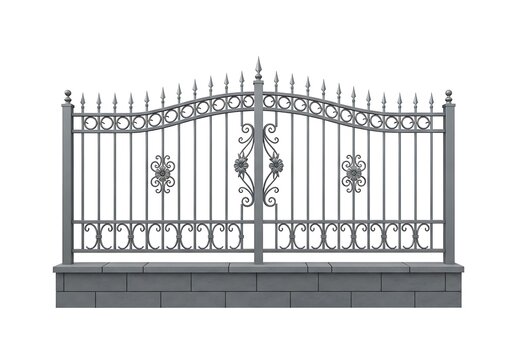 A decorative iron gate with intricate designs and pointed tips on a brick base