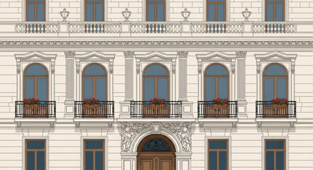 Elegant European Building Facade with Arched Windows and Balconies. © Abu