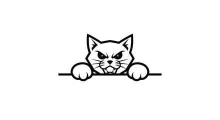 Fototapeta premium Black and white vector illustration of a cartoon cat peeking over a line