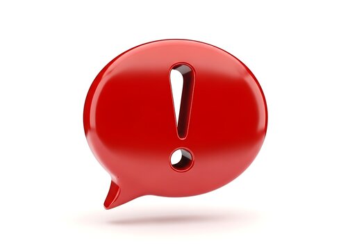 A red exclamation mark in a speech bubble against a white background