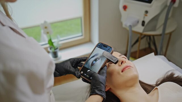 Beautician taking eyebrow photos before microblading procedure in beauty clinic