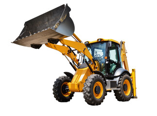 Heavy duty yellow backhoe loader construction vehicle with large front bucket, isolated on transparent background for industrial and building projects PNG © Diego