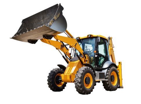 Heavy duty yellow backhoe loader construction vehicle with large front bucket, isolated on transparent background for industrial and building projects PNG