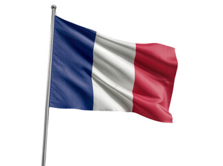 Waving French flag on a silver flagpole, isolated national symbol of France, patriotic banner for design and celebration PNG © Diego