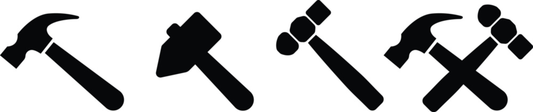 A set of construction tool silhouettes showing a classic claw hammer a sturdy mallet a modern ball peen hammer