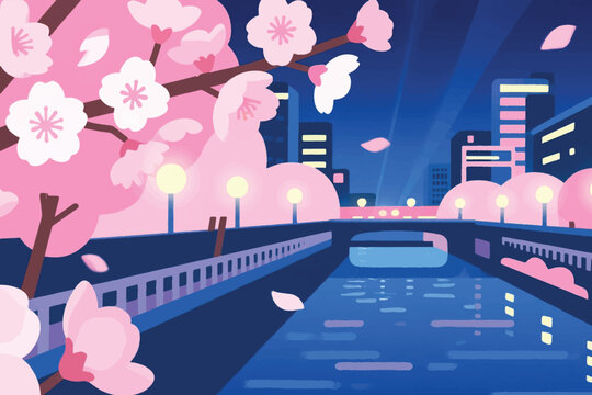 Cherry Blossoms In The Night City With The River Flowing Illustration Creative Design Template Background
