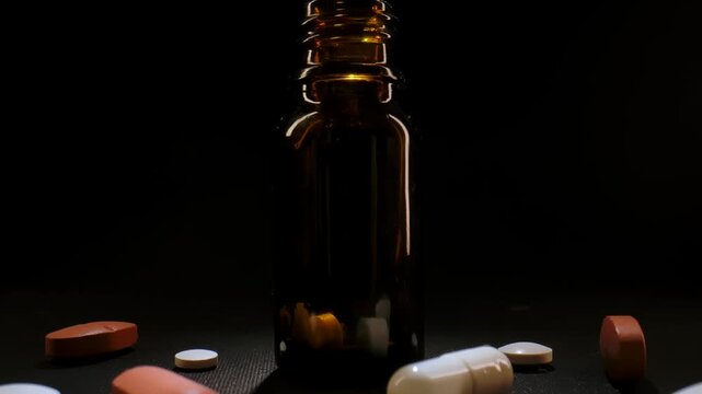 A pills falls into an amber pharmacy bottle standing on black background under subdued lighting. Concept of pharmacy, healthcare, medication, treatment, medical packaging and pharmaceutical