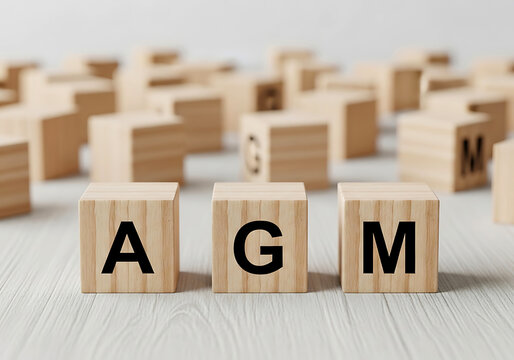 Wooden blocks arranged to spell the letters agm on a white surface with blurred background representing corporate meetings
