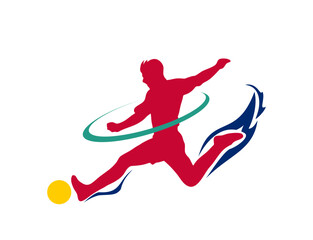 Dynamic red soccer player silhouette kicking ball with motion trail vector  © Andgnwn