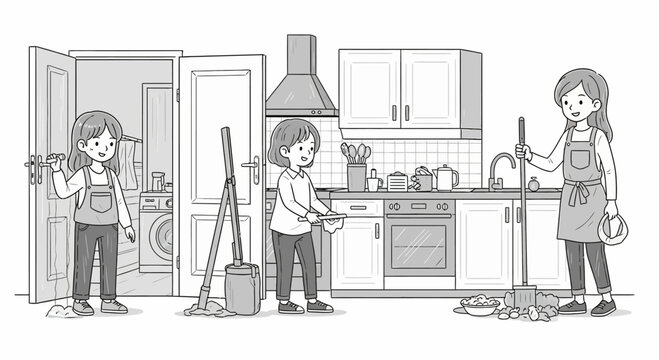 Children helping with household chores in a modern kitchen and laundry room.