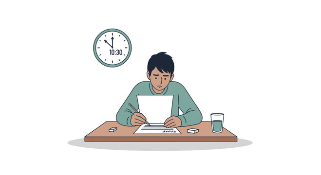 Student Focused on Exam Paper Under Time Pressure