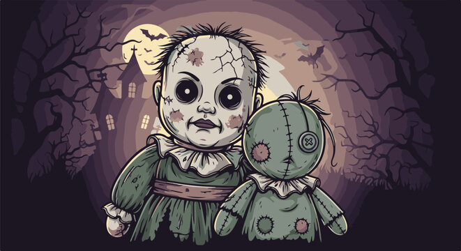 Eerie pixel art depicts cracked doll and stitched toy in spooky forest scene