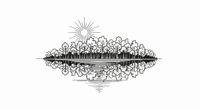 Line art illustration of a forest and its reflection in calm water with a sun