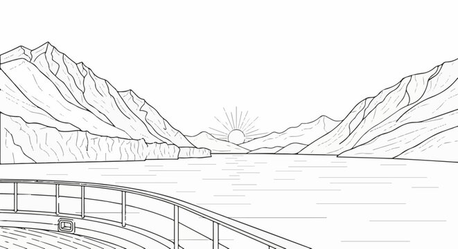 Majestic mountain range bordering a serene lake with the sun rising