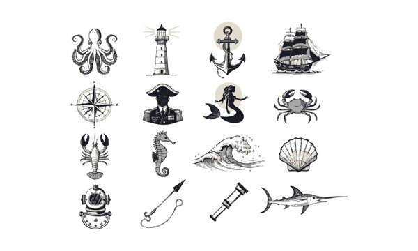 Nautical engraving vector illustration set with ocean symbols and sea life icons.