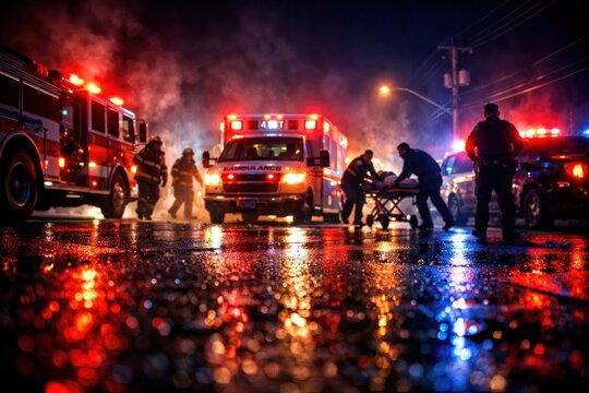 Emergency response scene at night.