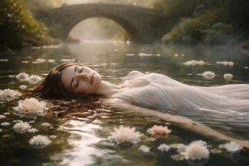 Fototapeta premium Serene woman floating amidst lilies.