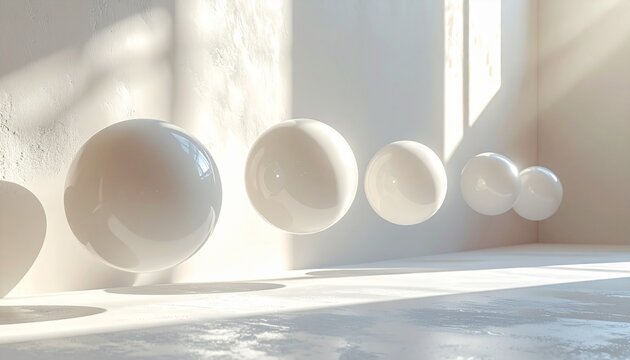 Abstract spheres in sunlight: A collection of pristine, glossy spheres levitate weightlessly against a backdrop of textured walls and sun-drenched surfaces, with a focus on form, light.